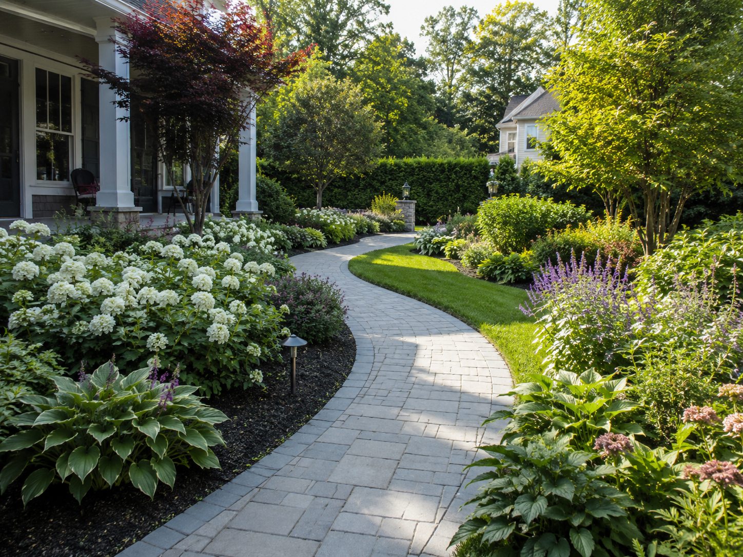 Jardim residencial sofisticado com caminho entre plantas ornamentais